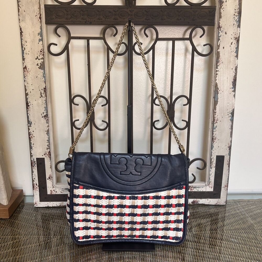 Tory Burch Multi East West Shoulder Bag Black Cream Red Gold Chain Strap